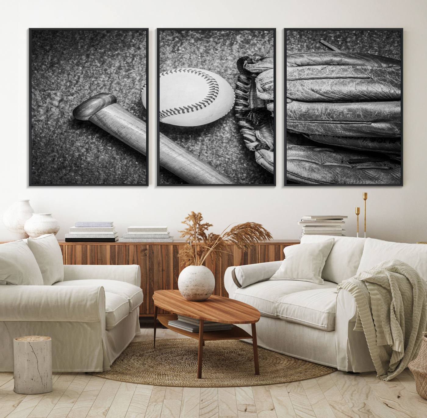 83916-MGV-FC-60X30-3P_Black-Vintage Baseball Glove and Bat Sports Wall Art Canvas, Baseball Glove and Bat Sports Canvas Print