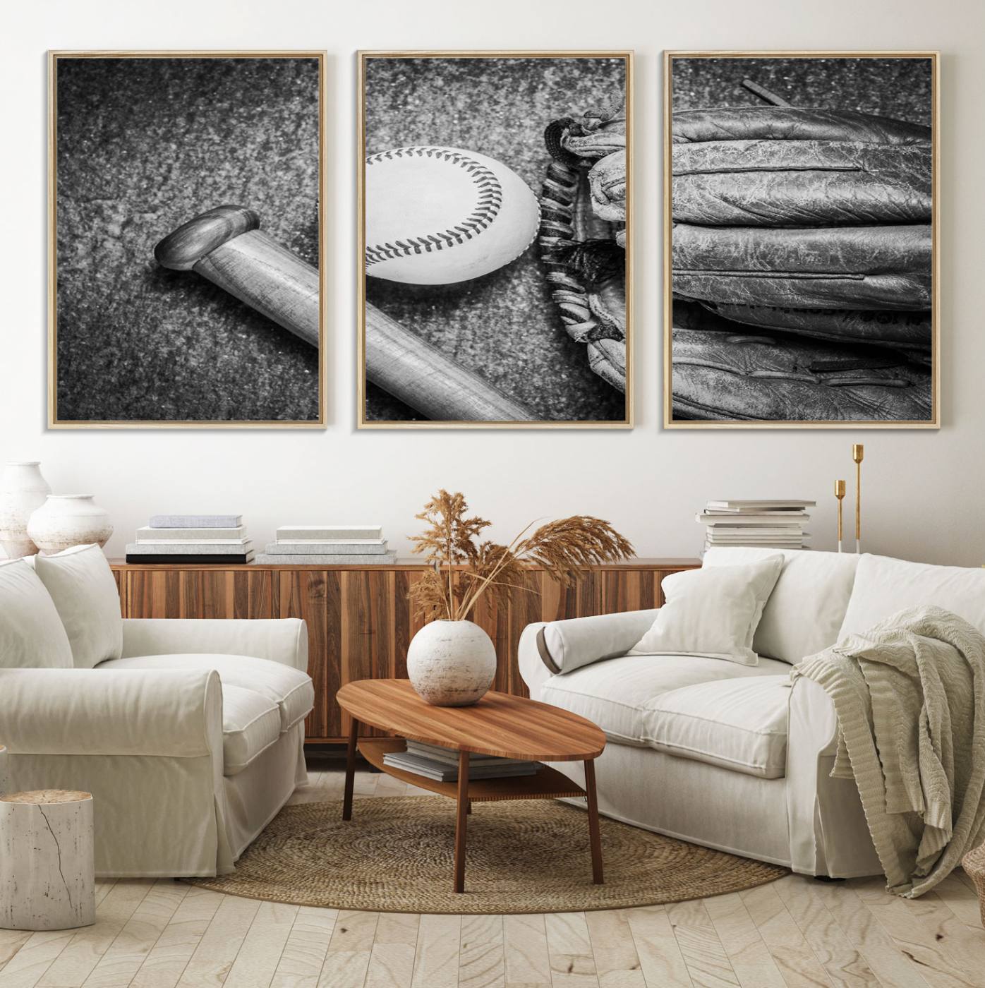 83916-MGV-FC-60X30-3P_Natural-Vintage Baseball Glove and Bat Sports Wall Art Canvas, Baseball Glove and Bat Sports Canvas Print