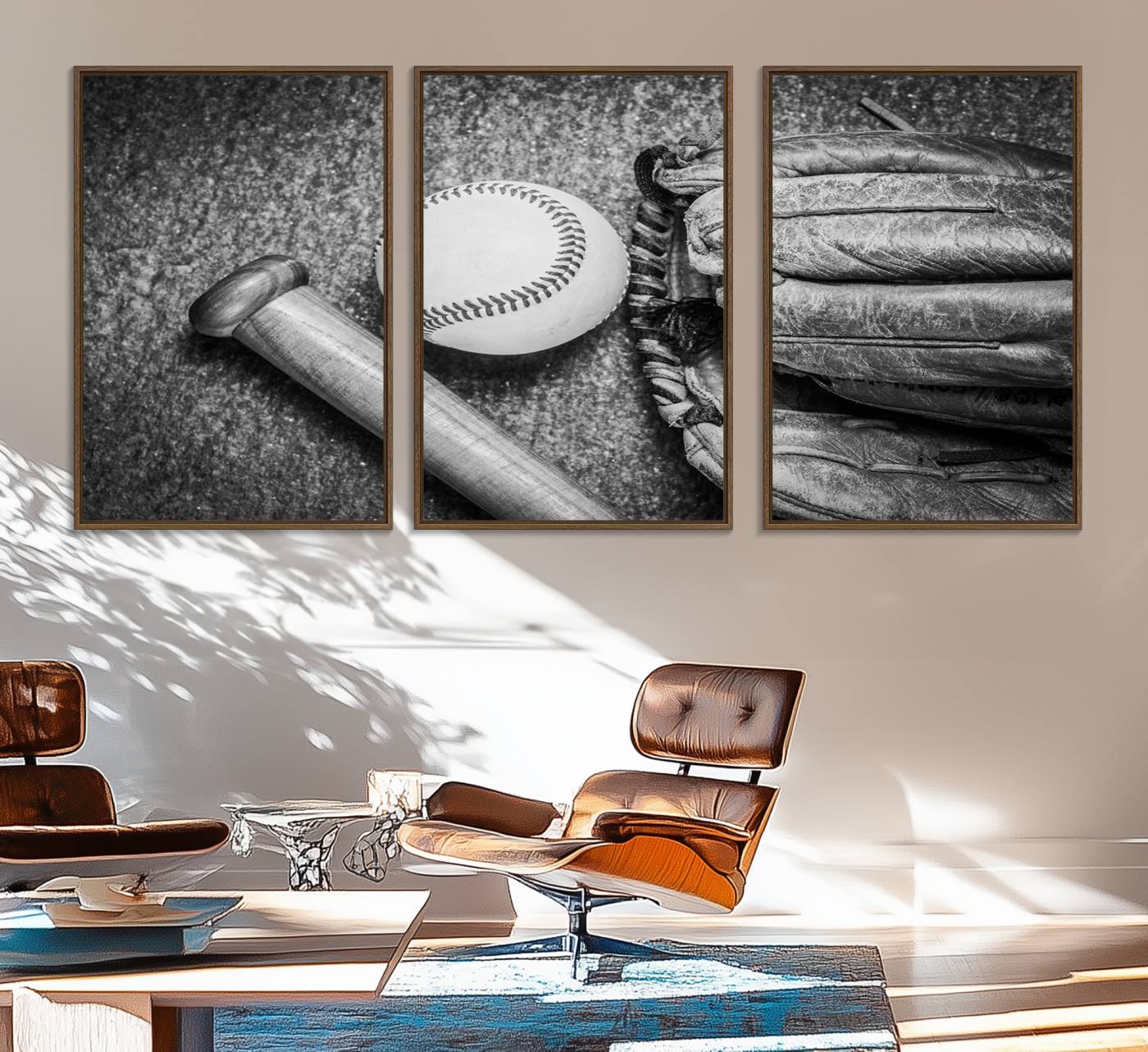 83916-MGV-FC-60X30-3P_Walnut-Vintage Baseball Glove and Bat Sports Wall Art Canvas, Baseball Glove and Bat Sports Canvas Print