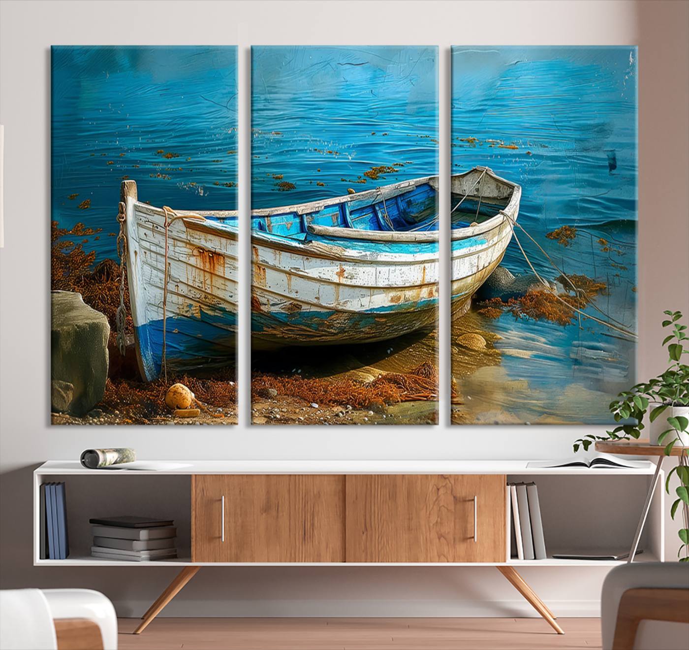 54716-MGV-CV-36X24-Vintage Boat on Tranquil Waters | Coastal Wall Art for Nautical Decor | Rustic Triptych Canvas Print | Beach House Art for Coastal Home