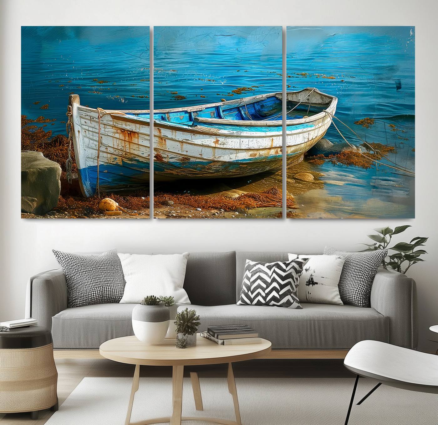 54716-MGV-CV-36X24-Vintage Boat on Tranquil Waters | Coastal Wall Art for Nautical Decor | Rustic Triptych Canvas Print | Beach House Art for Coastal Home