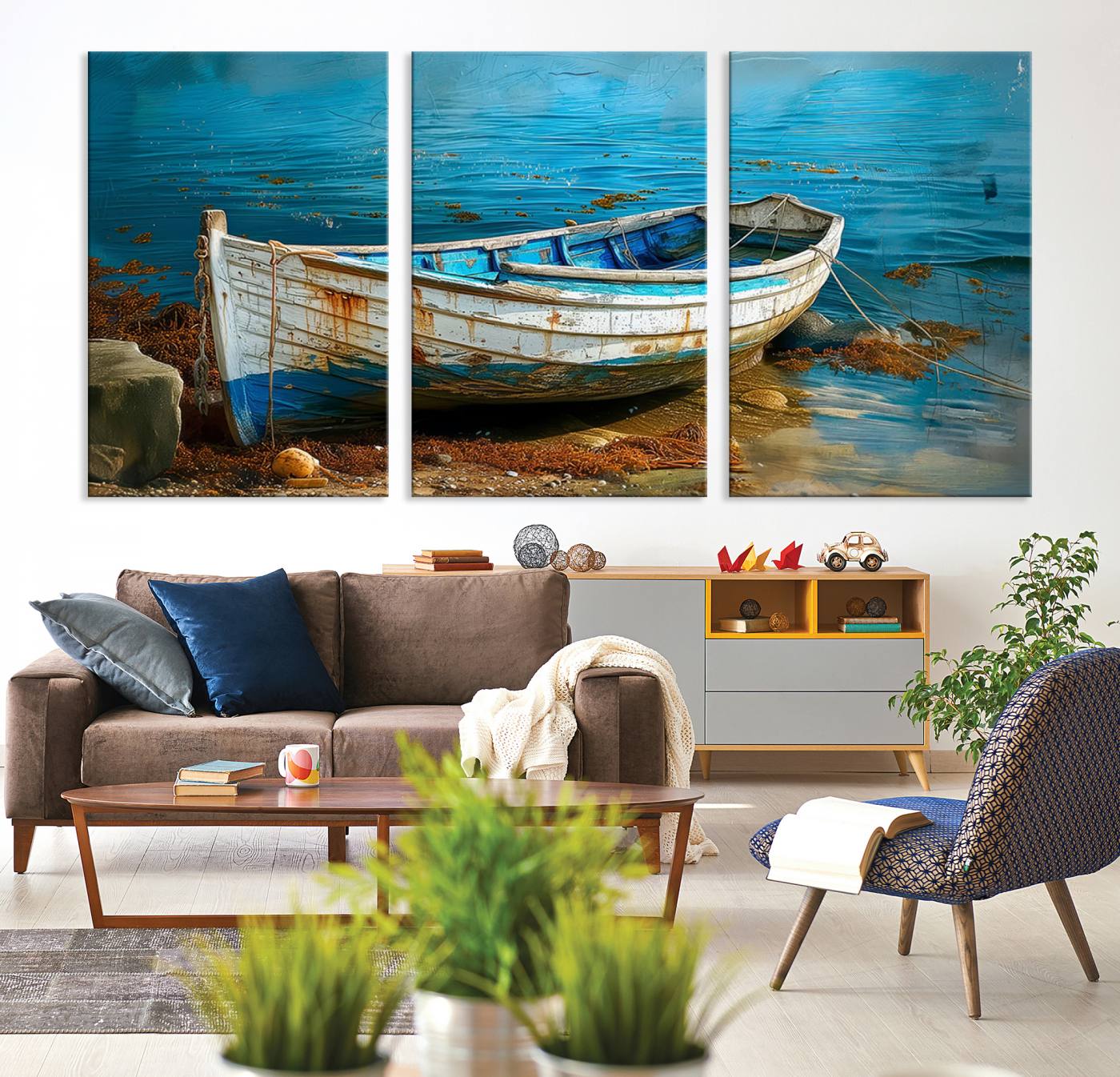 54716-MGV-CV-36X24-Vintage Boat on Tranquil Waters | Coastal Wall Art for Nautical Decor | Rustic Triptych Canvas Print | Beach House Art for Coastal Home