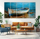 54716-MGV-CV-36X24-Vintage Boat on Tranquil Waters | Coastal Wall Art for Nautical Decor | Rustic Triptych Canvas Print | Beach House Art for Coastal Home
