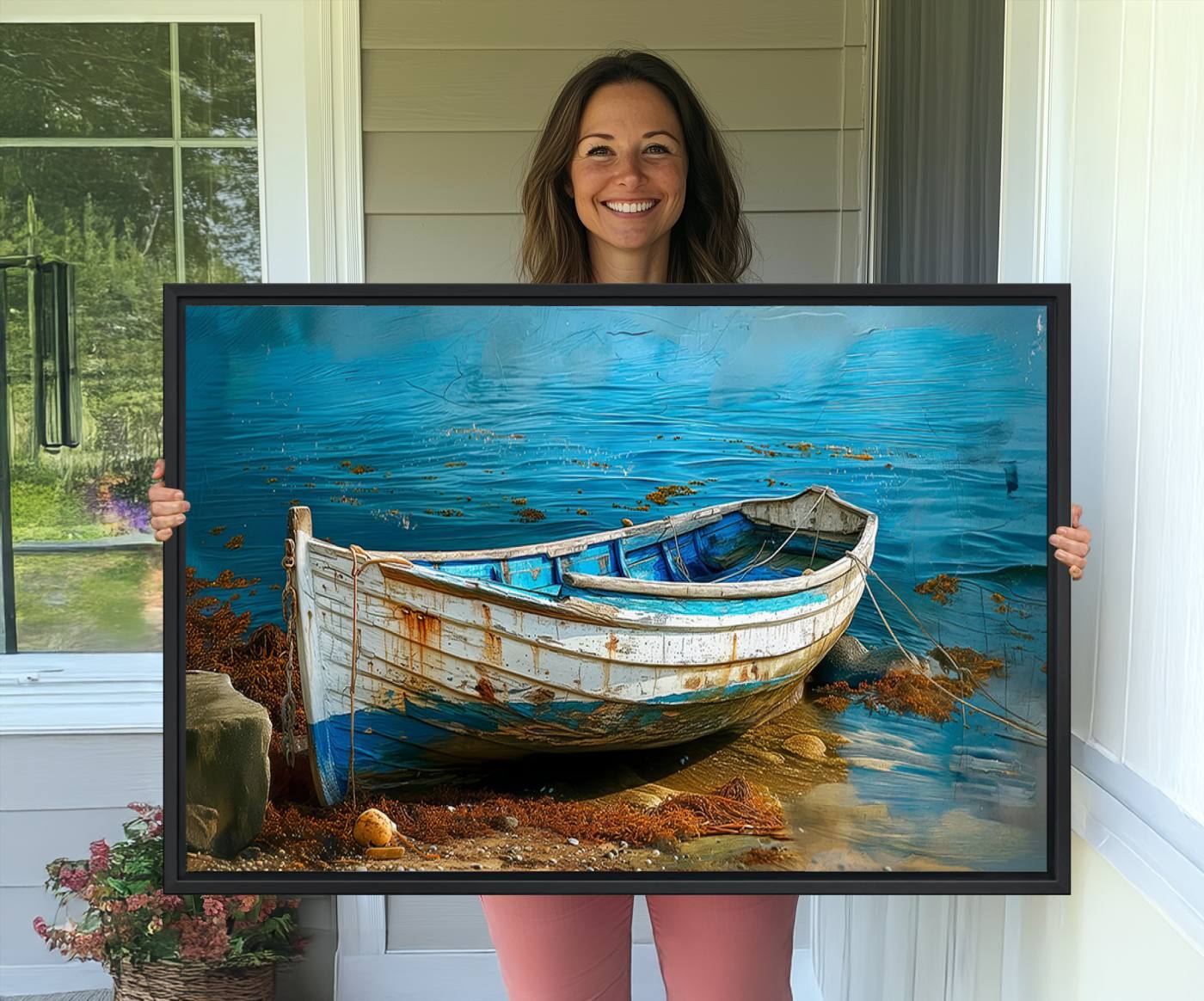 54716-MGV-CV-36X24-Vintage Boat on Tranquil Waters | Coastal Wall Art for Nautical Decor | Rustic Triptych Canvas Print | Beach House Art for Coastal Home