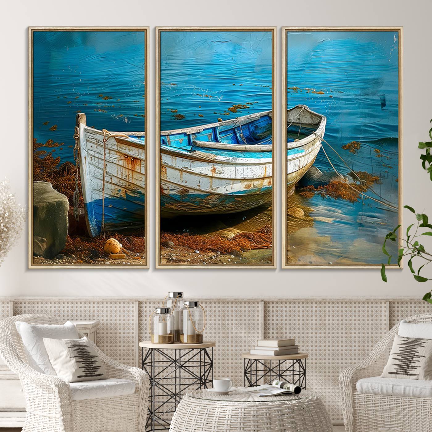 54716-MGV-CV-36X24-Vintage Boat on Tranquil Waters | Coastal Wall Art for Nautical Decor | Rustic Triptych Canvas Print | Beach House Art for Coastal Home