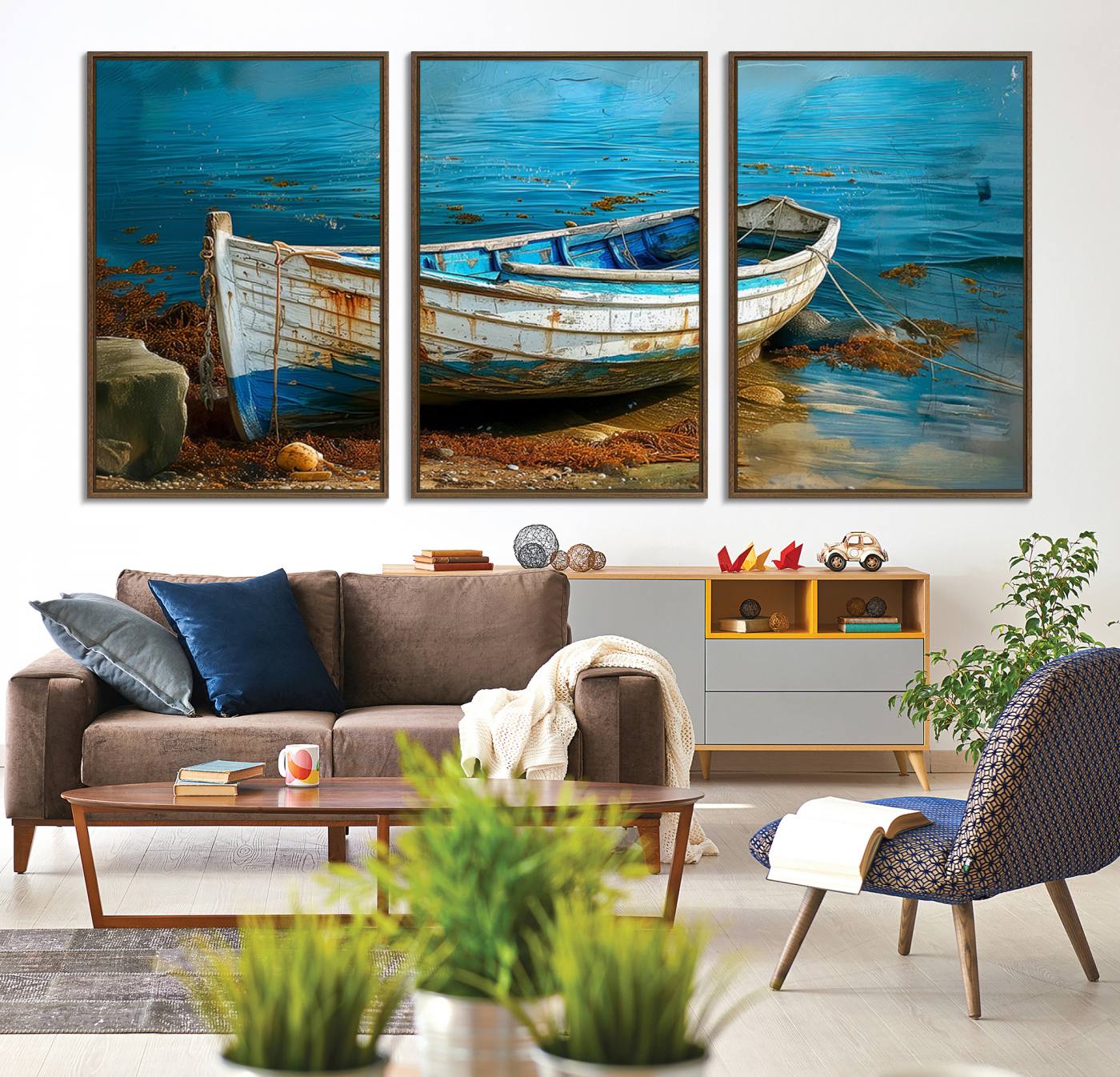 54716-MGV-CV-36X24-Vintage Boat on Tranquil Waters | Coastal Wall Art for Nautical Decor | Rustic Triptych Canvas Print | Beach House Art for Coastal Home