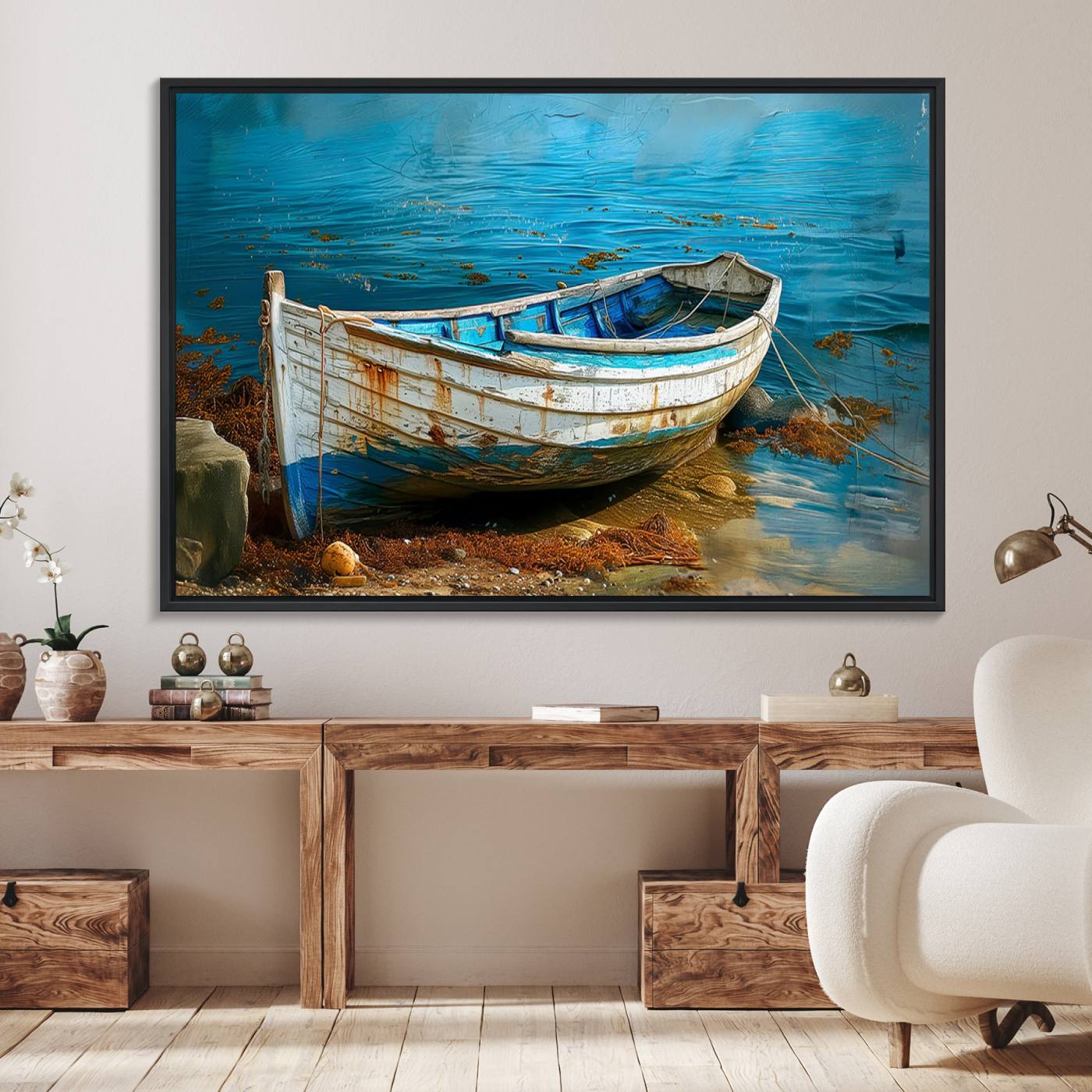 54716-MGV-FC-36X24_Black-Vintage Boat on Tranquil Waters | Coastal Wall Art for Nautical Decor | Rustic Triptych Canvas Print | Beach House Art for Coastal Home