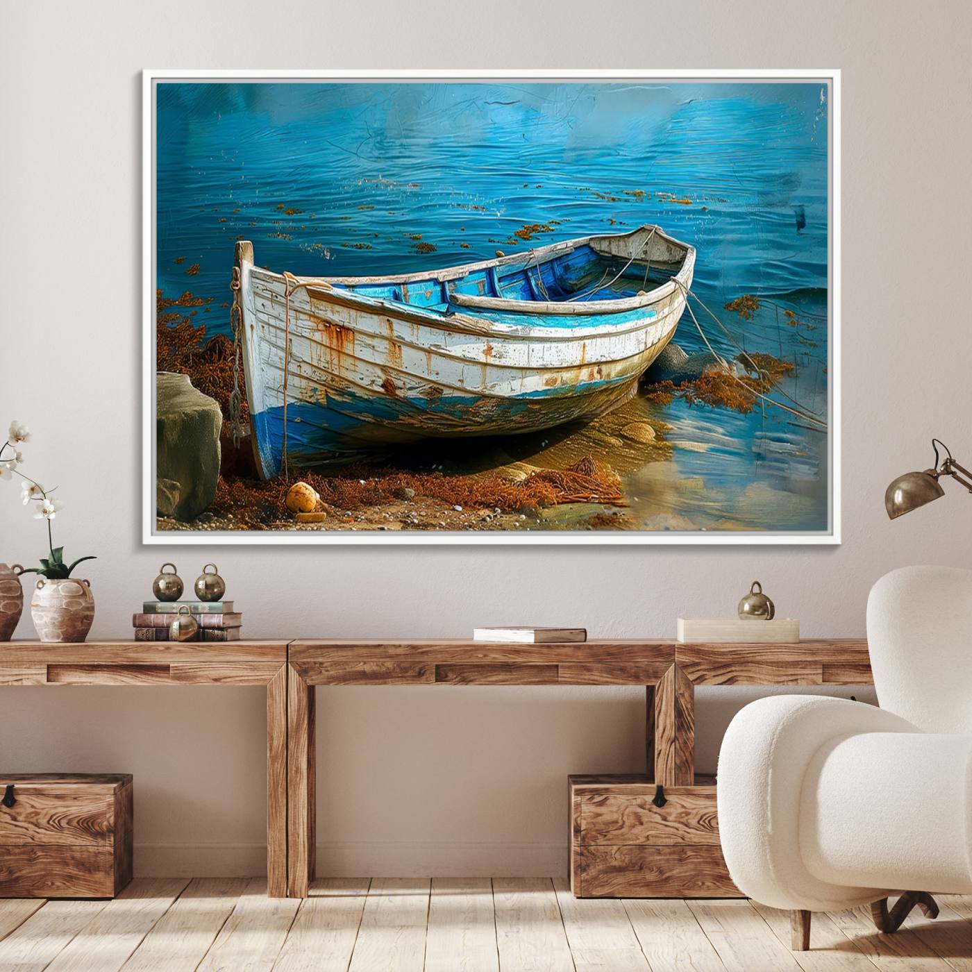 54716-MGV-FC-36X24_White-Vintage Boat on Tranquil Waters | Coastal Wall Art for Nautical Decor | Rustic Triptych Canvas Print | Beach House Art for Coastal Home