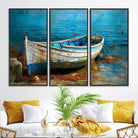 54716-MGV-FC-48X32-3P_Black-Vintage Boat on Tranquil Waters | Coastal Wall Art for Nautical Decor | Rustic Triptych Canvas Print | Beach House Art for Coastal Home