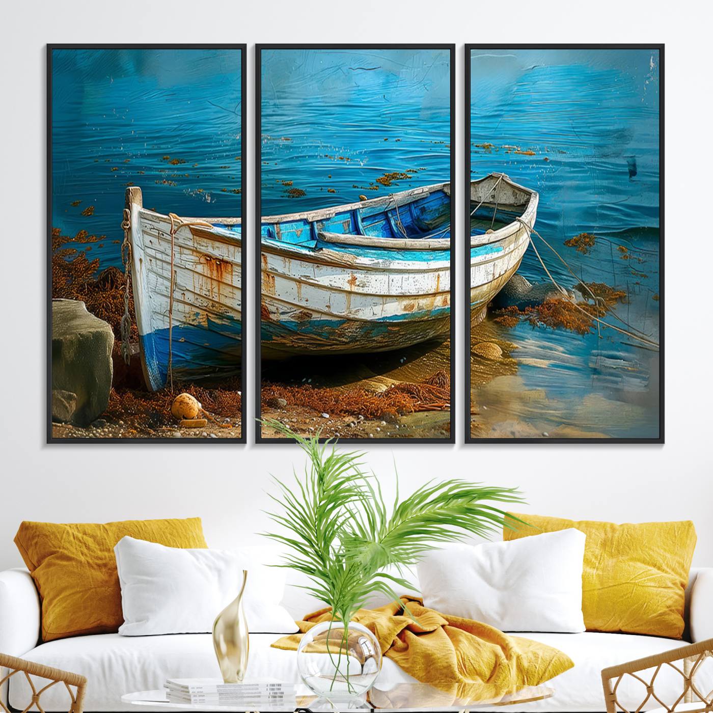54716-MGV-FC-48X32-3P_Black-Vintage Boat on Tranquil Waters | Coastal Wall Art for Nautical Decor | Rustic Triptych Canvas Print | Beach House Art for Coastal Home