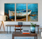 54716-MGV-FC-48X32-3P_Natural-Vintage Boat on Tranquil Waters | Coastal Wall Art for Nautical Decor | Rustic Triptych Canvas Print | Beach House Art for Coastal Home