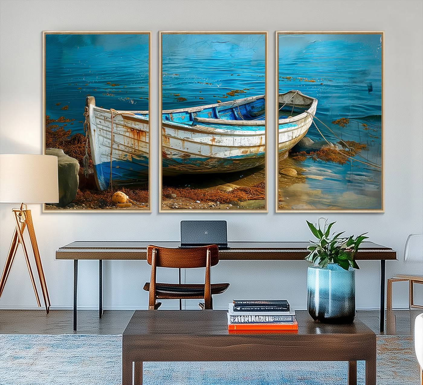 54716-MGV-FC-48X32-3P_Natural-Vintage Boat on Tranquil Waters | Coastal Wall Art for Nautical Decor | Rustic Triptych Canvas Print | Beach House Art for Coastal Home