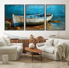 54716-MGV-FC-60X30-3P_Black-Vintage Boat on Tranquil Waters | Coastal Wall Art for Nautical Decor | Rustic Triptych Canvas Print | Beach House Art for Coastal Home