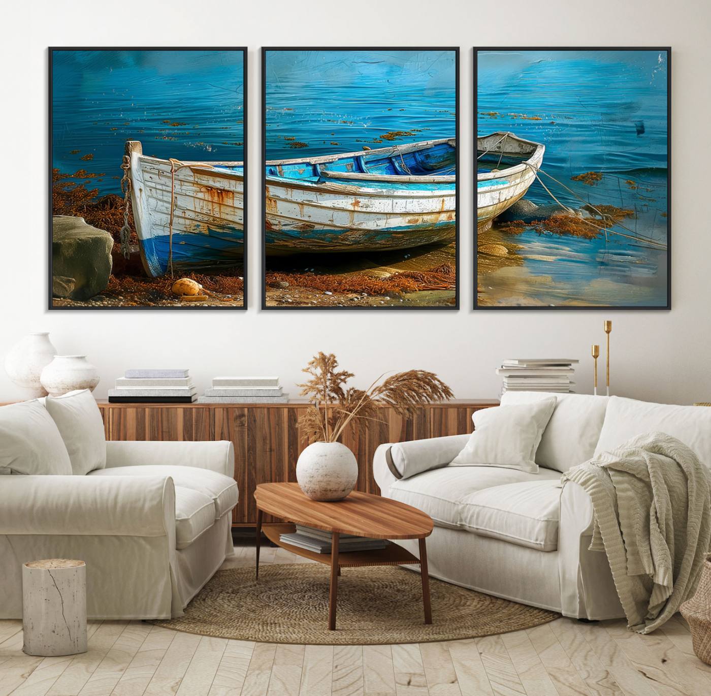 54716-MGV-FC-60X30-3P_Black-Vintage Boat on Tranquil Waters | Coastal Wall Art for Nautical Decor | Rustic Triptych Canvas Print | Beach House Art for Coastal Home