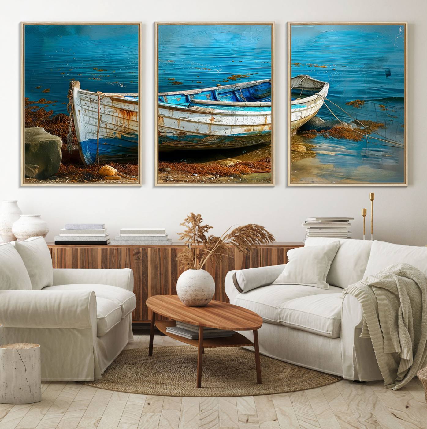 54716-MGV-FC-60X30-3P_Natural-Vintage Boat on Tranquil Waters | Coastal Wall Art for Nautical Decor | Rustic Triptych Canvas Print | Beach House Art for Coastal Home