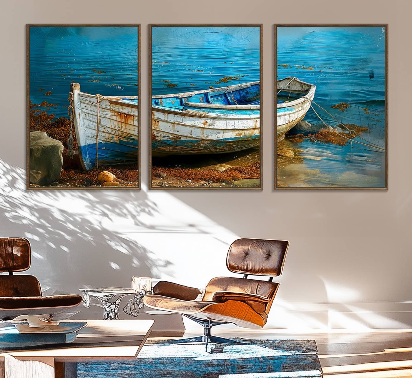 54716-MGV-FC-60X30-3P_Walnut-Vintage Boat on Tranquil Waters | Coastal Wall Art for Nautical Decor | Rustic Triptych Canvas Print | Beach House Art for Coastal Home