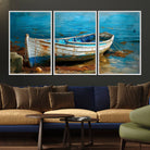 54716-MGV-FC-60X30-3P_White-Vintage Boat on Tranquil Waters | Coastal Wall Art for Nautical Decor | Rustic Triptych Canvas Print | Beach House Art for Coastal Home
