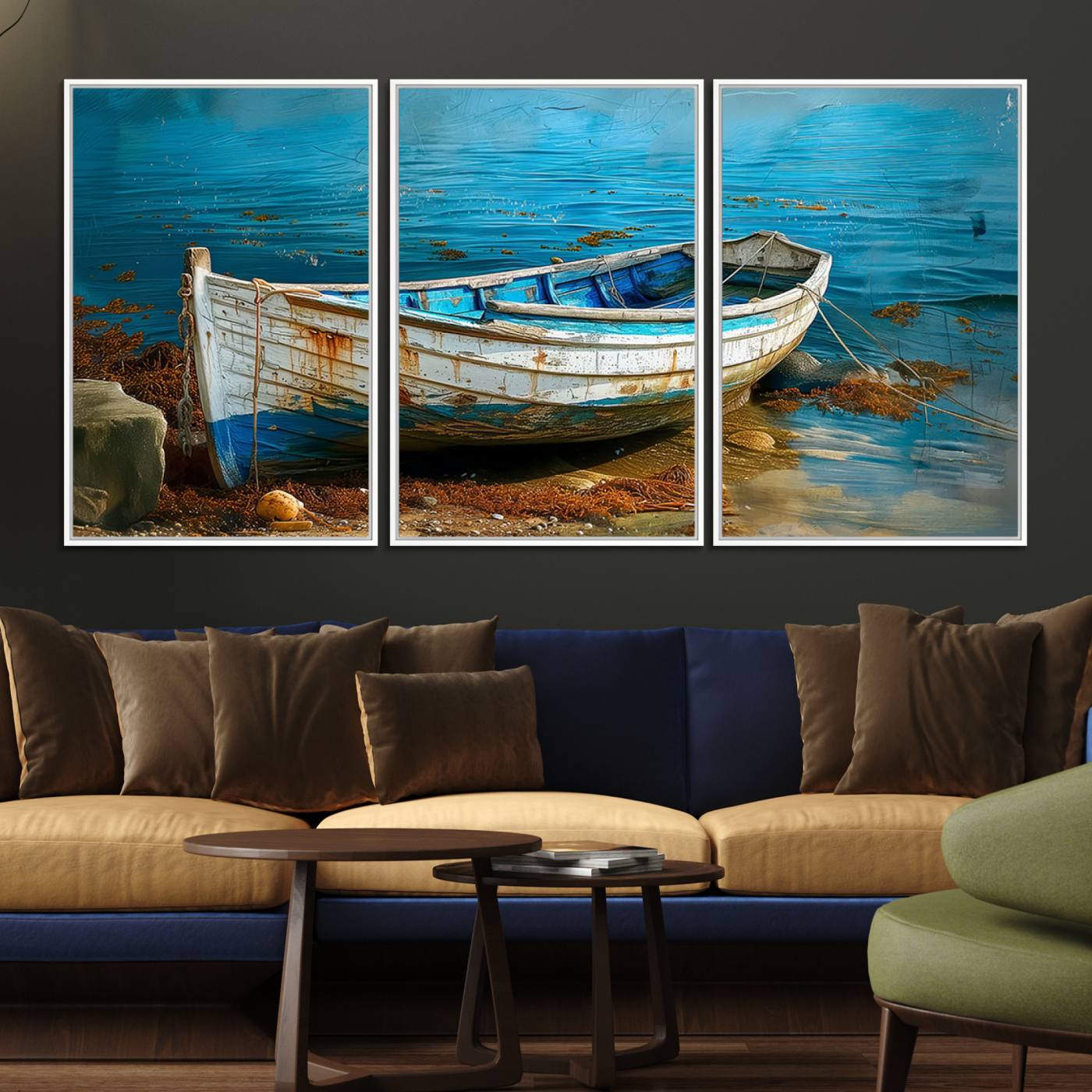 54716-MGV-FC-60X30-3P_White-Vintage Boat on Tranquil Waters | Coastal Wall Art for Nautical Decor | Rustic Triptych Canvas Print | Beach House Art for Coastal Home