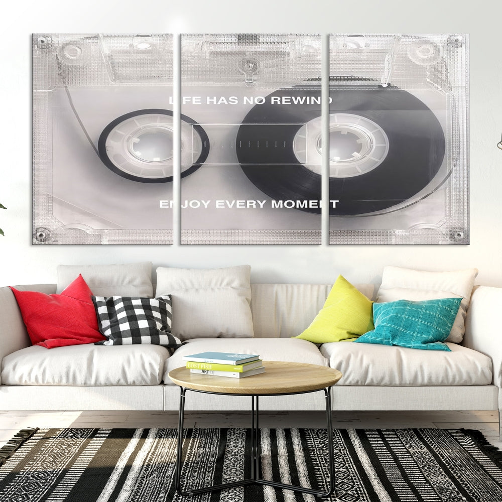Vintage Cassette Tape Canvas Wall Art - Inspirational 'Life Has No Rewind' Quote, Retro Music Decor for Living Room
