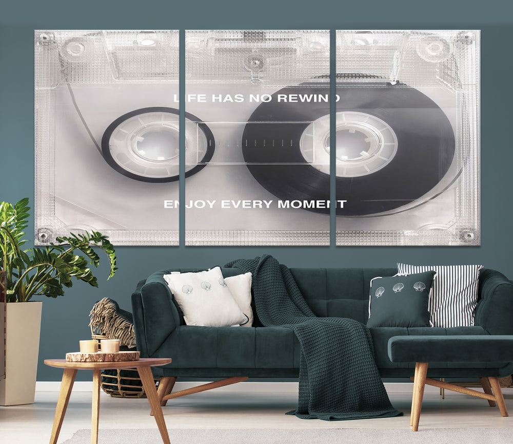 Vintage Cassette Tape Canvas Wall Art - Inspirational 'Life Has No Rewind' Quote, Retro Music Decor for Living Room