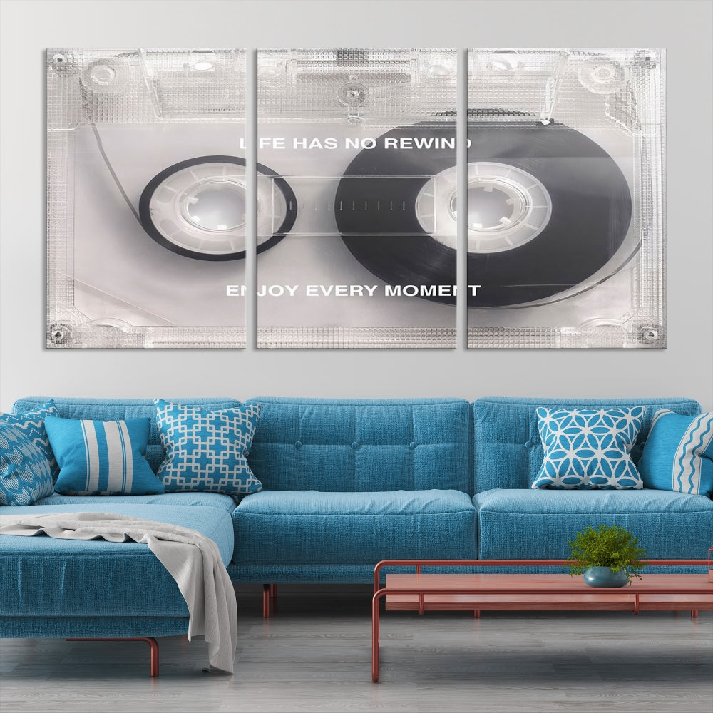 Vintage Cassette Tape Canvas Wall Art - Inspirational 'Life Has No Rewind' Quote, Retro Music Decor for Living Room