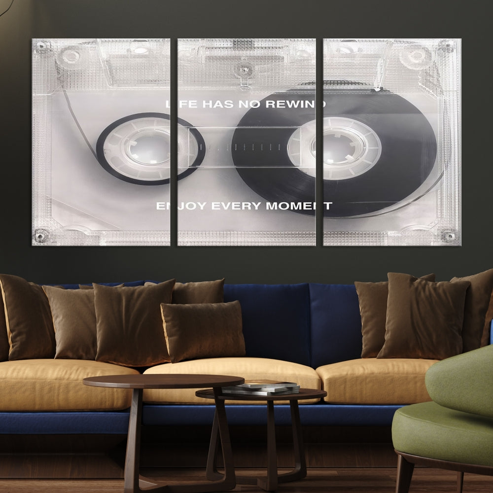 Vintage Cassette Tape Canvas Wall Art - Inspirational 'Life Has No Rewind' Quote, Retro Music Decor for Living Room