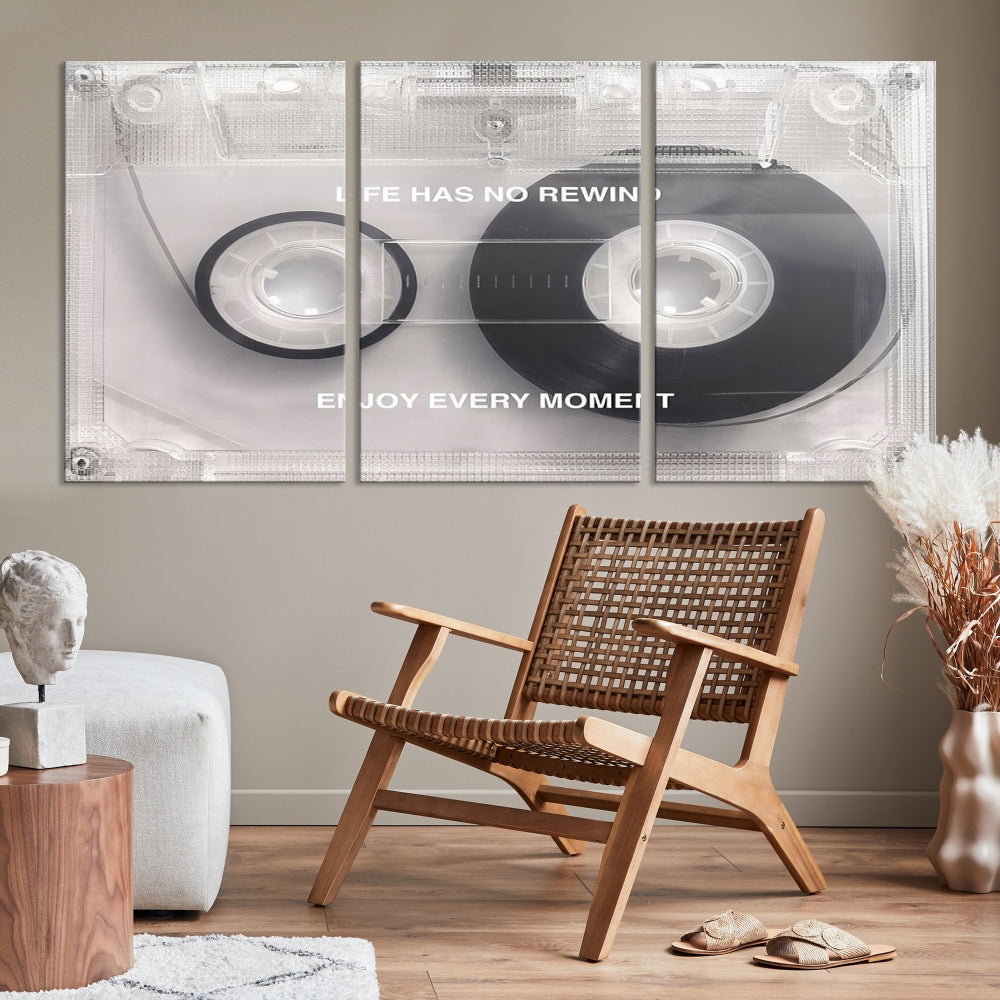 Vintage Cassette Tape Canvas Wall Art - Inspirational 'Life Has No Rewind' Quote, Retro Music Decor for Living Room