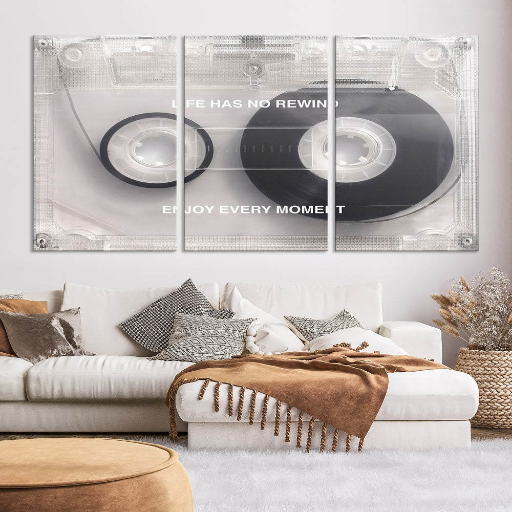 Vintage Cassette Tape Canvas Wall Art - Inspirational 'Life Has No Rewind' Quote, Retro Music Decor for Living Room