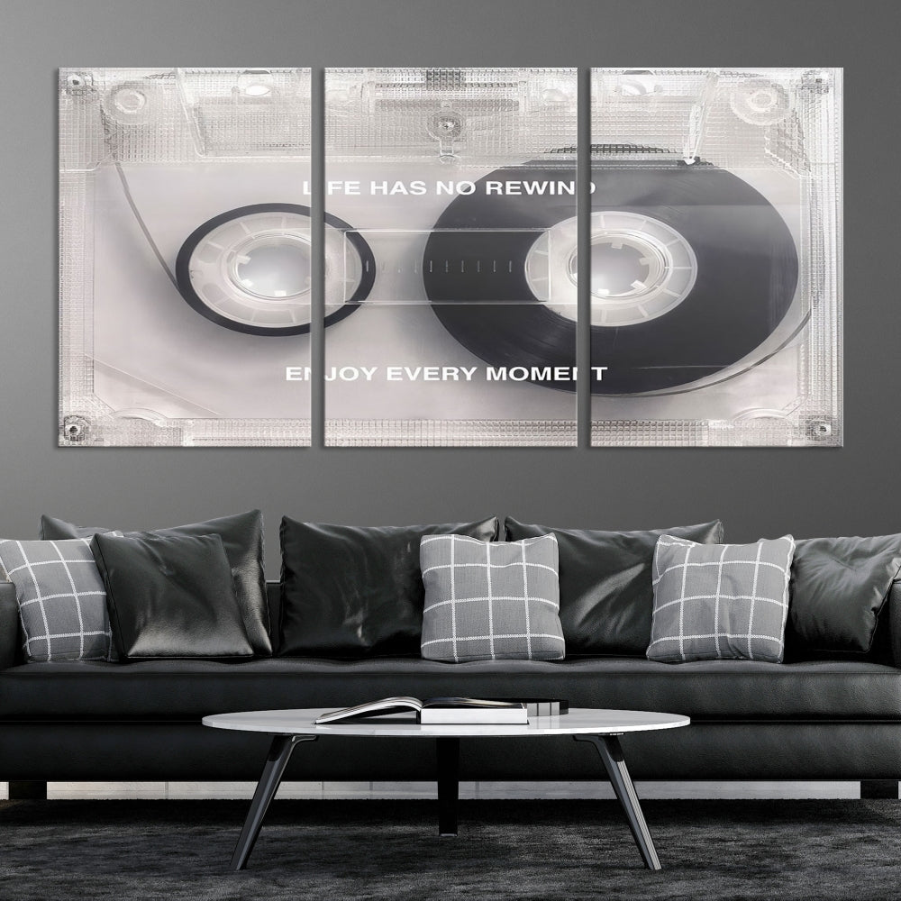 Vintage Cassette Tape Canvas Wall Art - Inspirational 'Life Has No Rewind' Quote, Retro Music Decor for Living Room