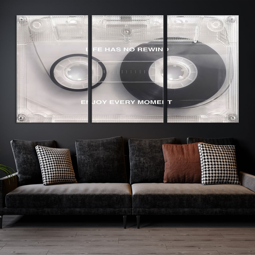 Vintage Cassette Tape Canvas Wall Art - Inspirational 'Life Has No Rewind' Quote, Retro Music Decor for Living Room