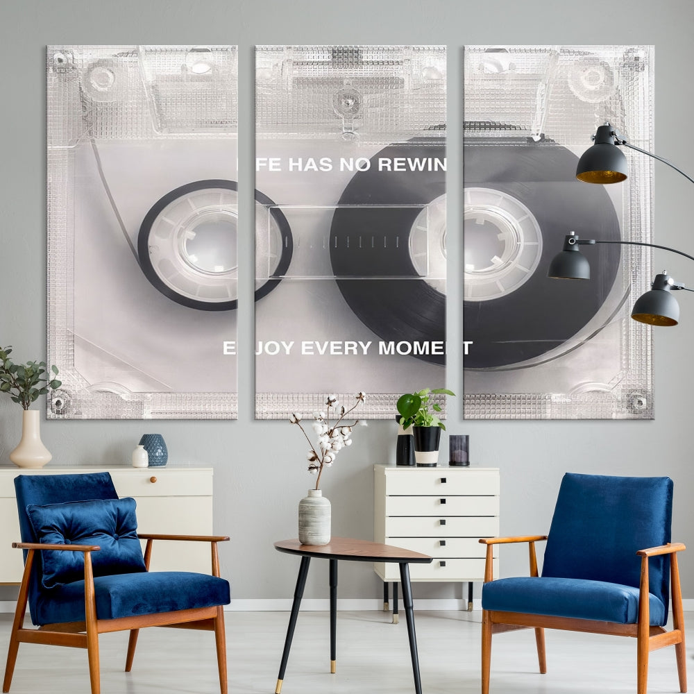 Vintage Cassette Tape Canvas Wall Art - Inspirational 'Life Has No Rewind' Quote, Retro Music Decor for Living Room