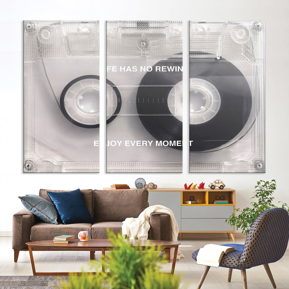 Vintage Cassette Tape Canvas Wall Art - Inspirational 'Life Has No Rewind' Quote, Retro Music Decor for Living Room