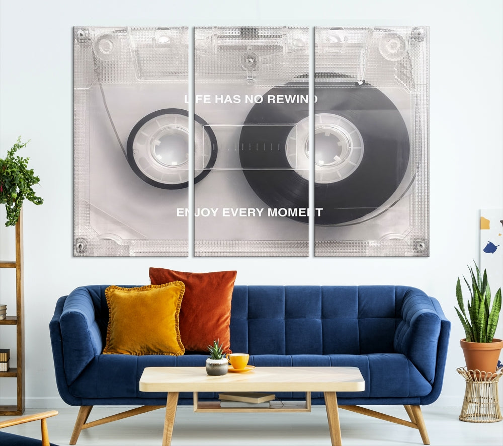 Vintage Cassette Tape Canvas Wall Art - Inspirational 'Life Has No Rewind' Quote, Retro Music Decor for Living Room