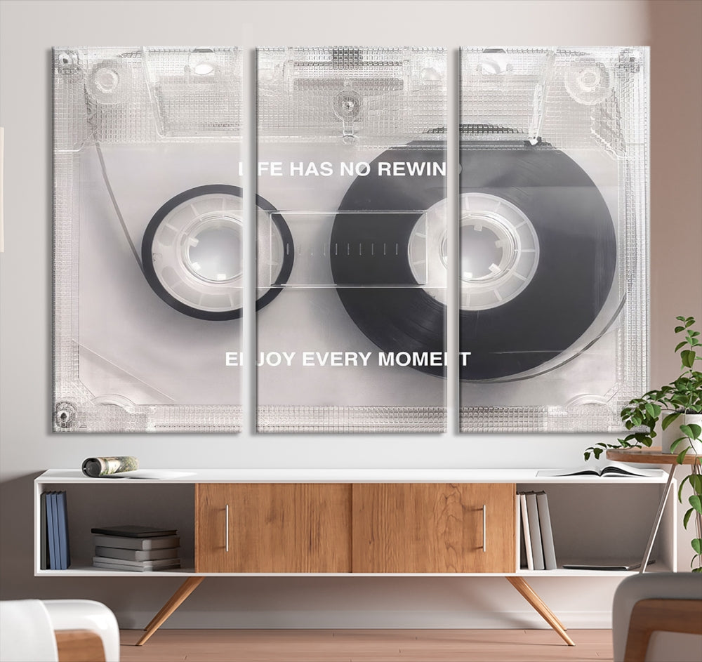 Vintage Cassette Tape Canvas Wall Art - Inspirational 'Life Has No Rewind' Quote, Retro Music Decor for Living Room