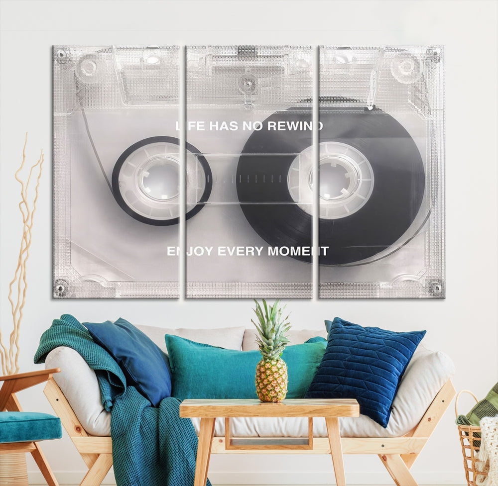 Vintage Cassette Tape Canvas Wall Art - Inspirational 'Life Has No Rewind' Quote, Retro Music Decor for Living Room
