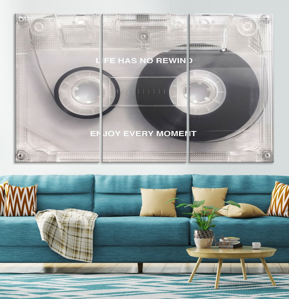 Vintage Cassette Tape Canvas Wall Art - Inspirational 'Life Has No Rewind' Quote, Retro Music Decor for Living Room