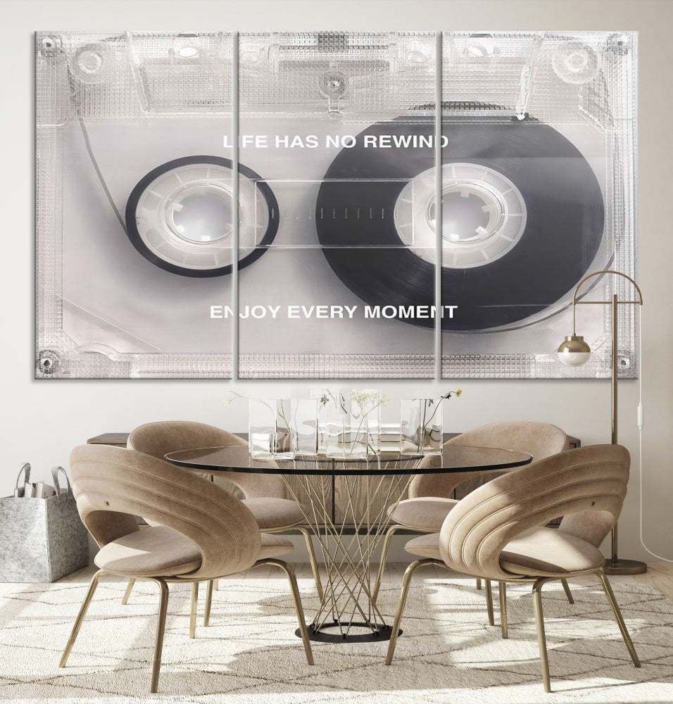 Vintage Cassette Tape Canvas Wall Art - Inspirational 'Life Has No Rewind' Quote, Retro Music Decor for Living Room