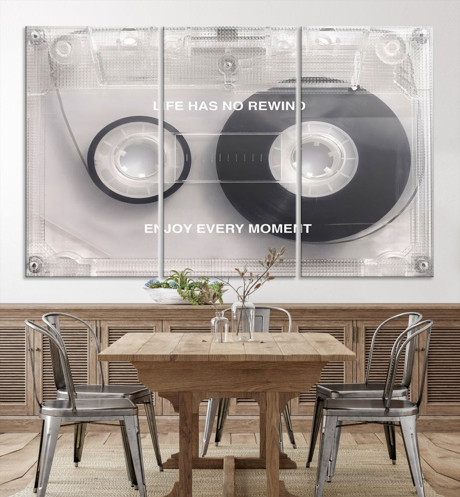 Edit-Images-Vintage Cassette Tape Canvas Wall Art - Inspirational 'Life Has No Rewind' Quote, Retro Music Decor for Living Room