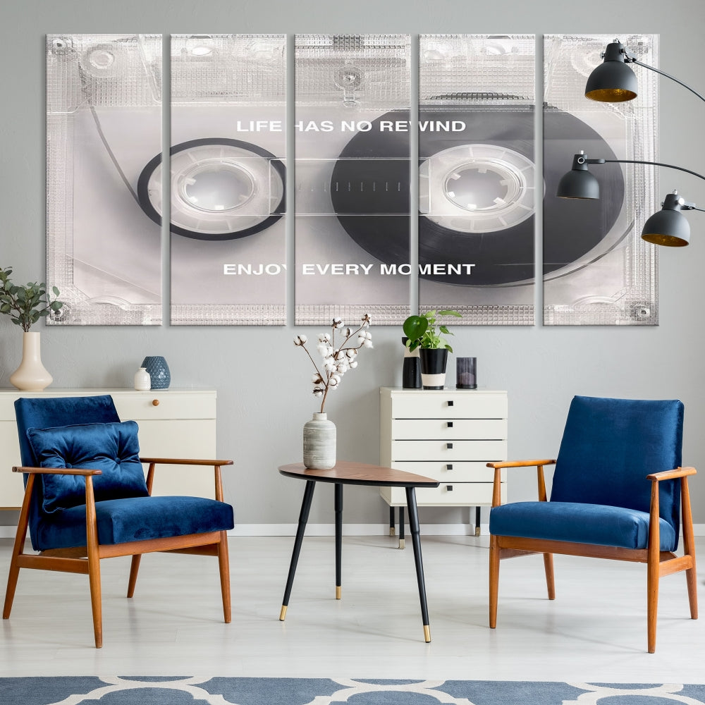 Edit-Images-Vintage Cassette Tape Canvas Wall Art - Inspirational 'Life Has No Rewind' Quote, Retro Music Decor for Living Room