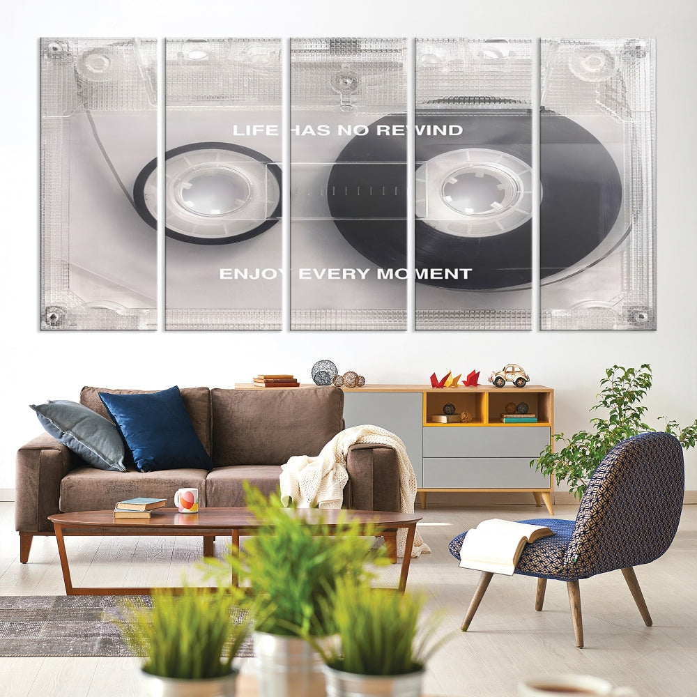 Edit-Images-Vintage Cassette Tape Canvas Wall Art - Inspirational 'Life Has No Rewind' Quote, Retro Music Decor for Living Room