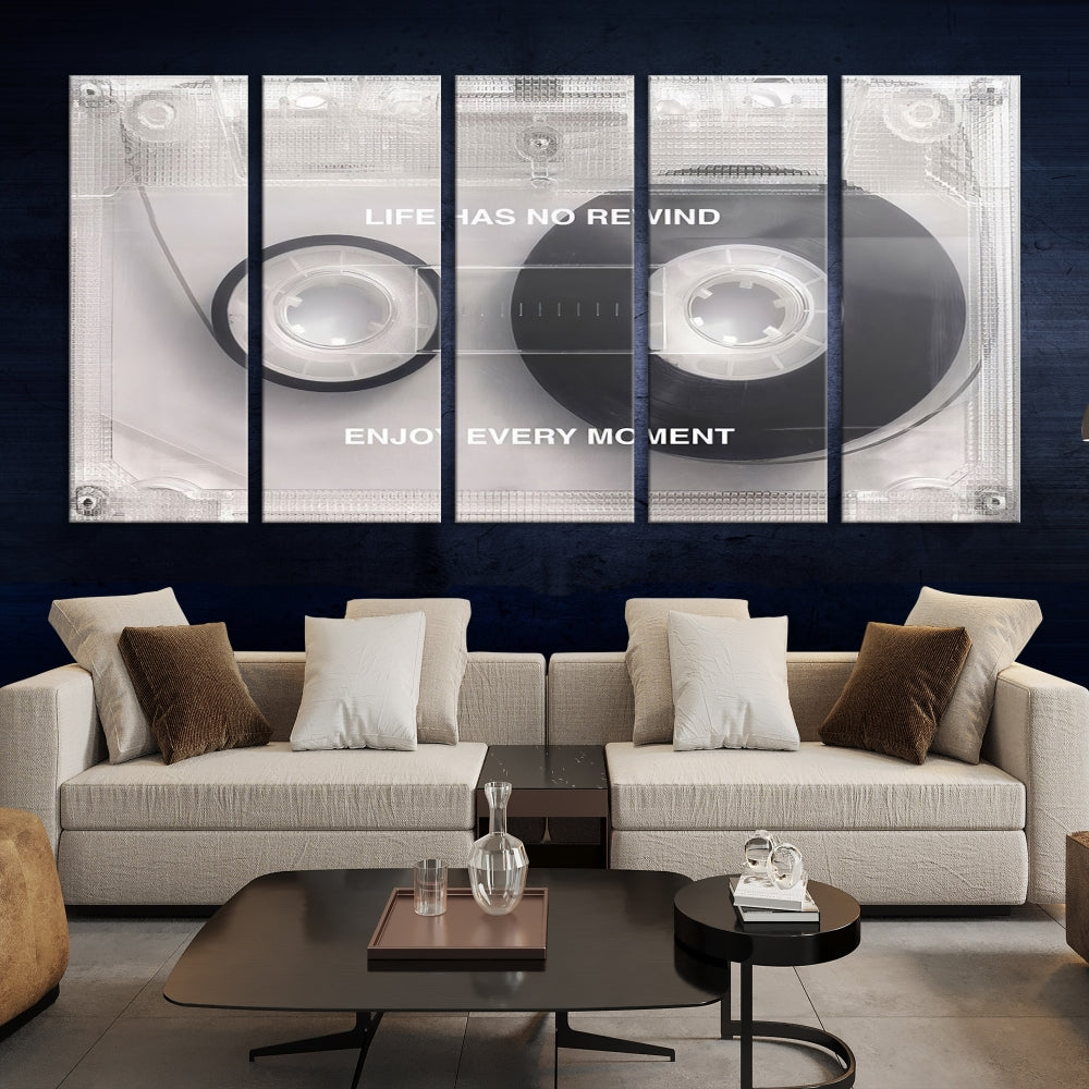 Edit-Images-Vintage Cassette Tape Canvas Wall Art - Inspirational 'Life Has No Rewind' Quote, Retro Music Decor for Living Room