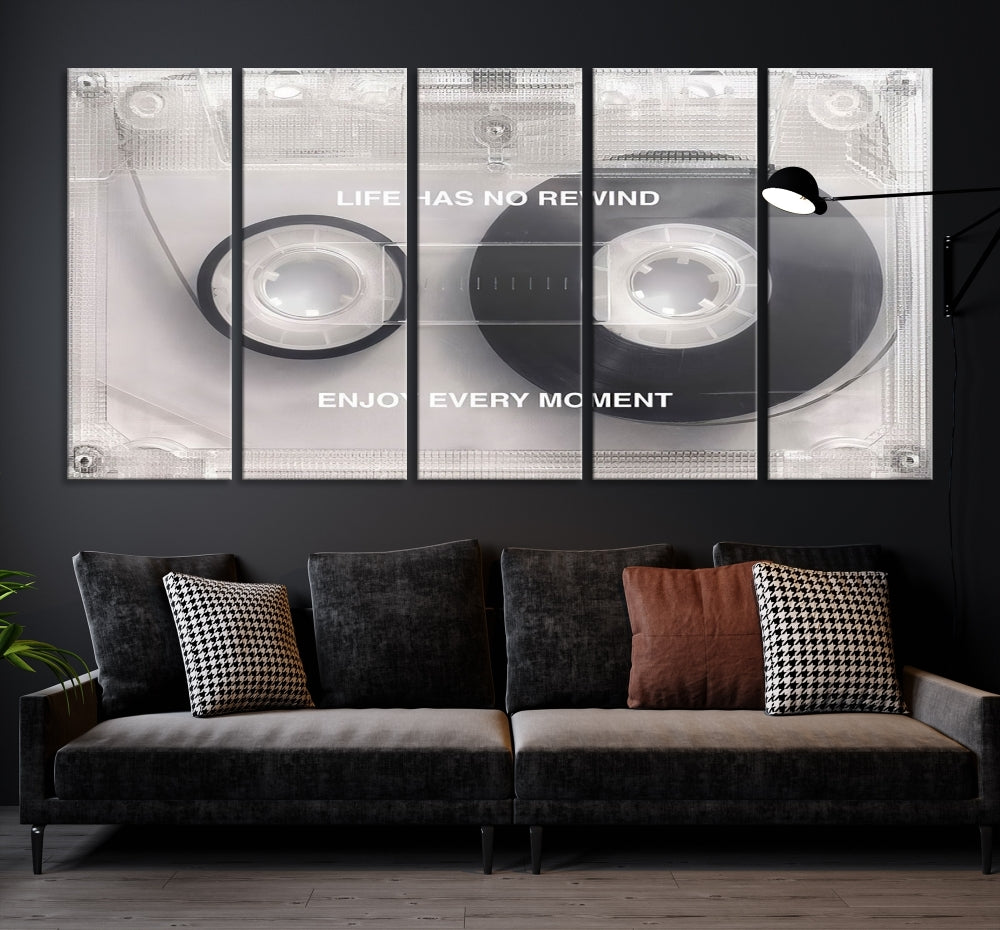 Edit-Images-Vintage Cassette Tape Canvas Wall Art - Inspirational 'Life Has No Rewind' Quote, Retro Music Decor for Living Room