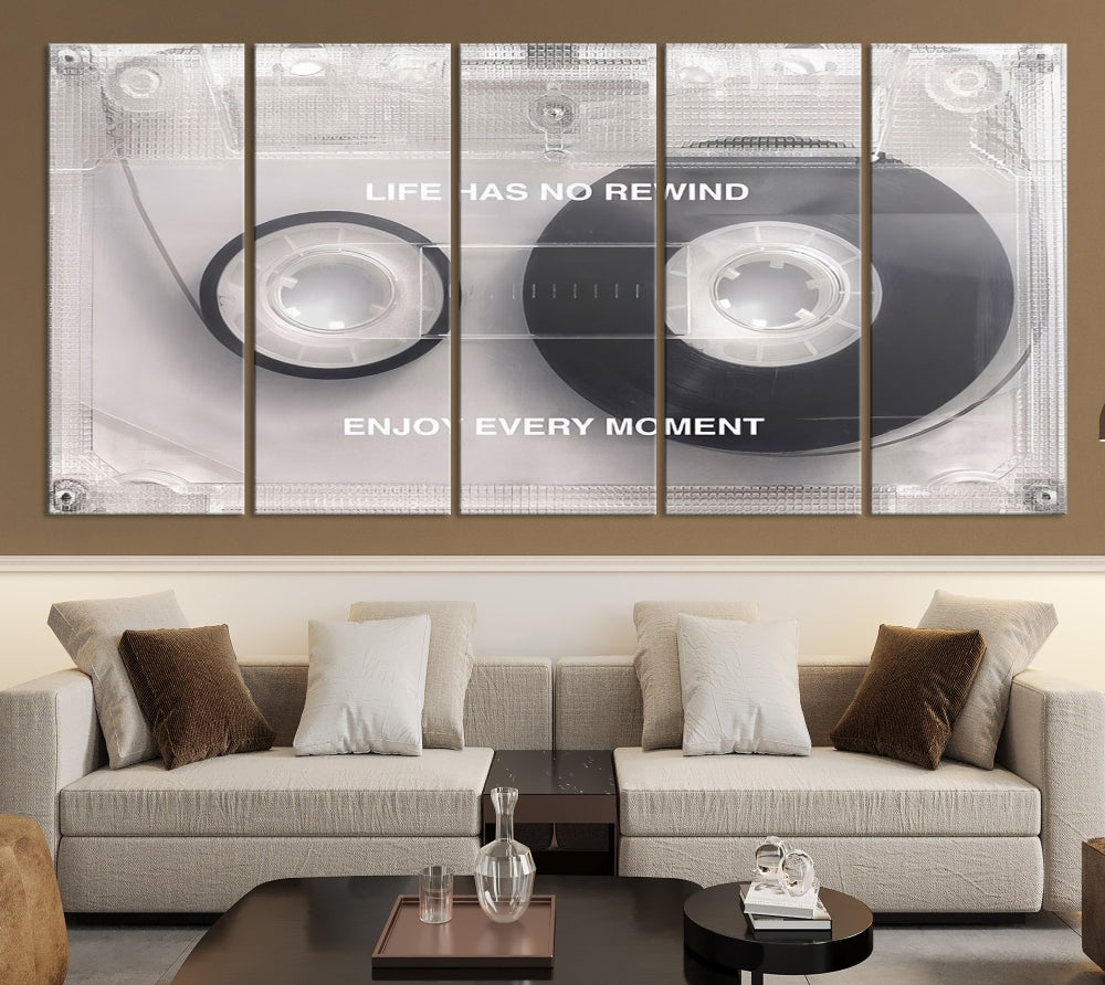 Edit-Images-Vintage Cassette Tape Canvas Wall Art - Inspirational 'Life Has No Rewind' Quote, Retro Music Decor for Living Room