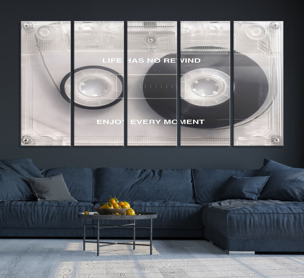 Edit-Images-Vintage Cassette Tape Canvas Wall Art - Inspirational 'Life Has No Rewind' Quote, Retro Music Decor for Living Room