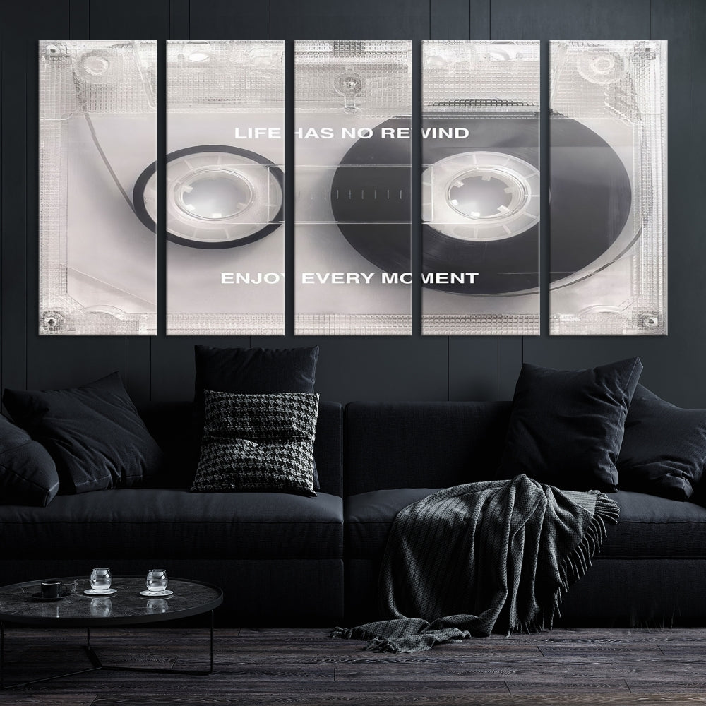 Edit-Images-Vintage Cassette Tape Canvas Wall Art - Inspirational 'Life Has No Rewind' Quote, Retro Music Decor for Living Room