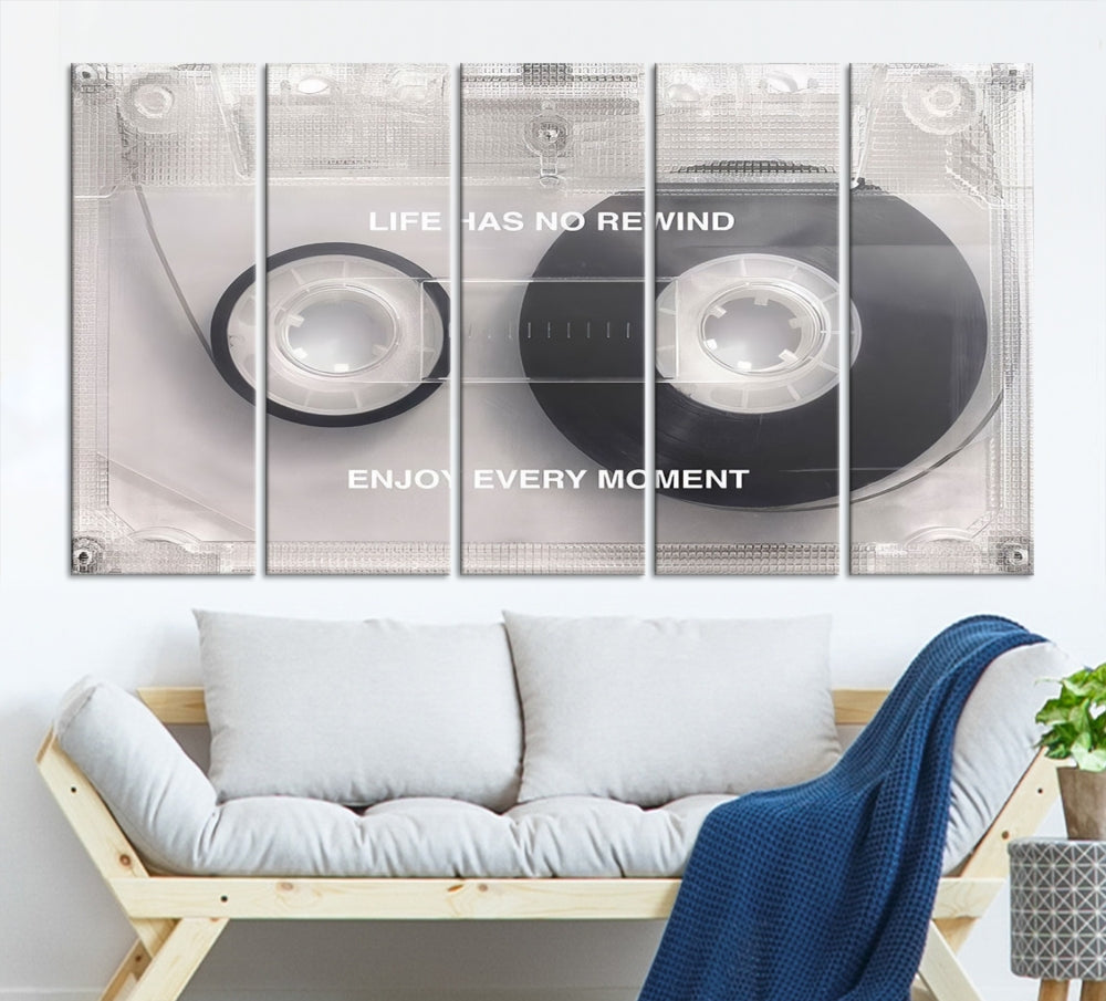 Edit-Images-Vintage Cassette Tape Canvas Wall Art - Inspirational 'Life Has No Rewind' Quote, Retro Music Decor for Living Room