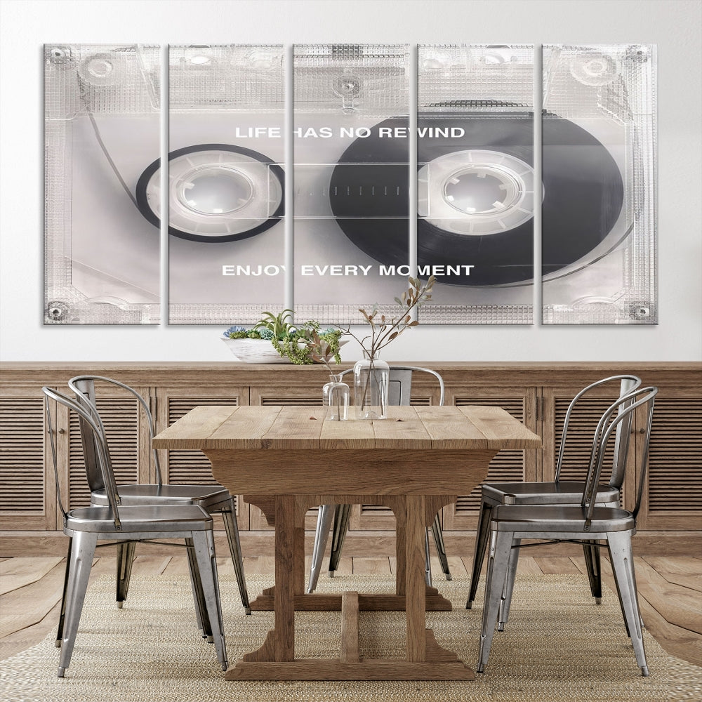 Edit-Images-Vintage Cassette Tape Canvas Wall Art - Inspirational 'Life Has No Rewind' Quote, Retro Music Decor for Living Room