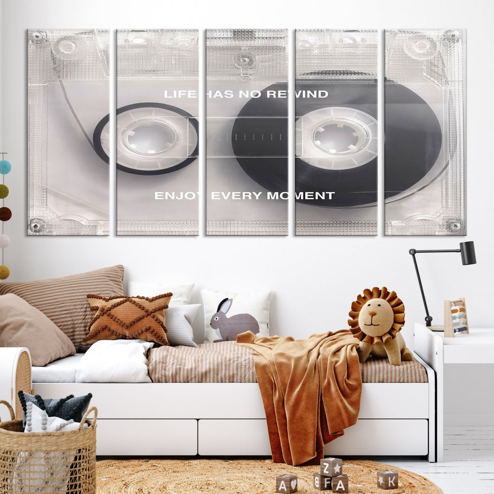 Edit-Images-Vintage Cassette Tape Canvas Wall Art - Inspirational 'Life Has No Rewind' Quote, Retro Music Decor for Living Room
