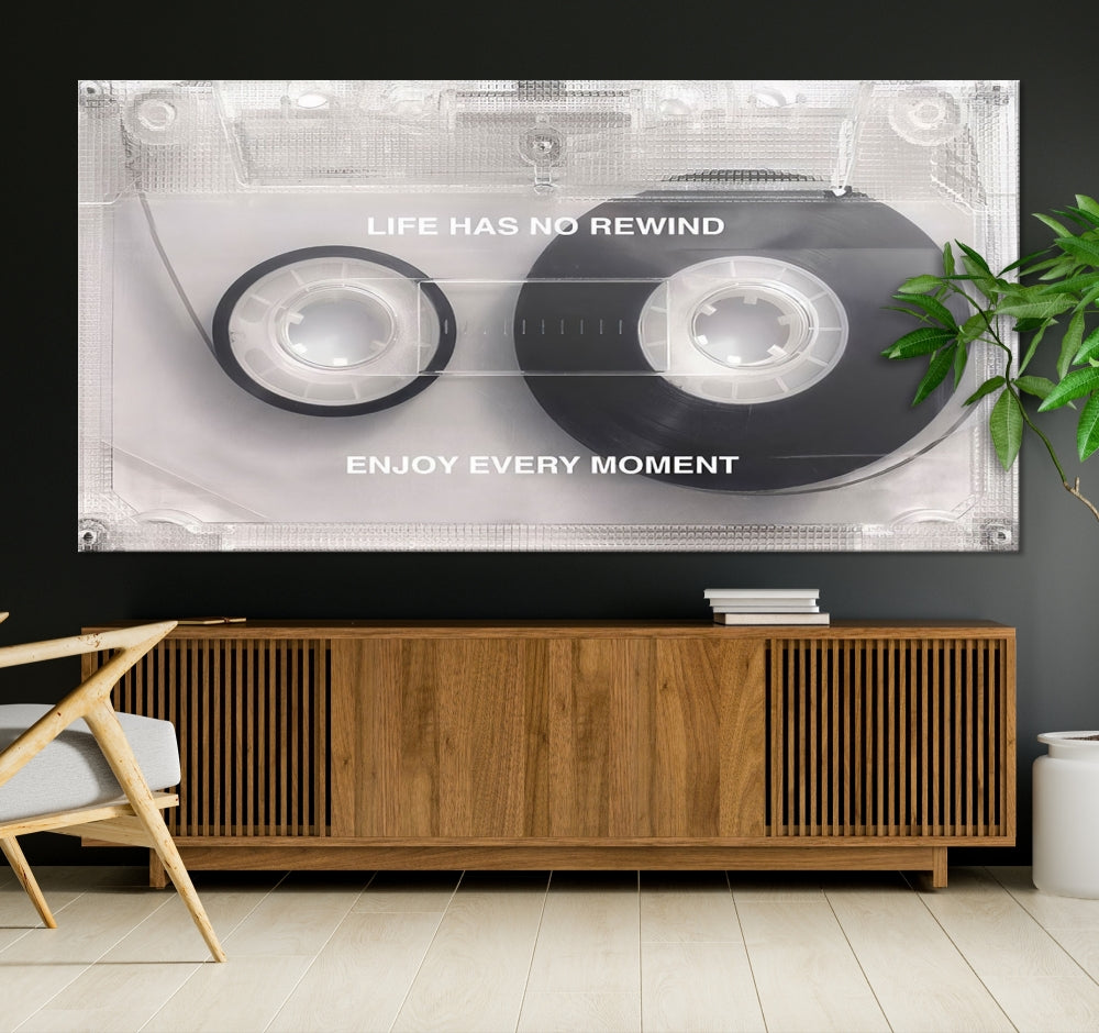 Vintage Cassette Tape Canvas Wall Art - Inspirational 'Life Has No Rewind' Quote, Retro Music Decor for Living Room