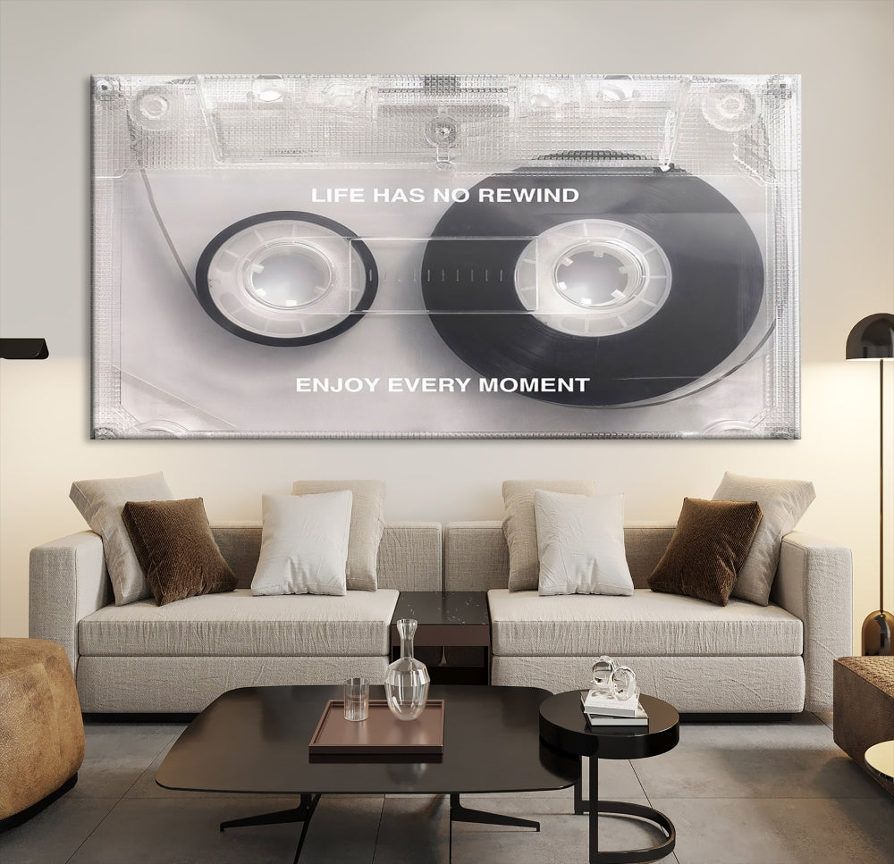 Vintage Cassette Tape Canvas Wall Art - Inspirational 'Life Has No Rewind' Quote, Retro Music Decor for Living Room